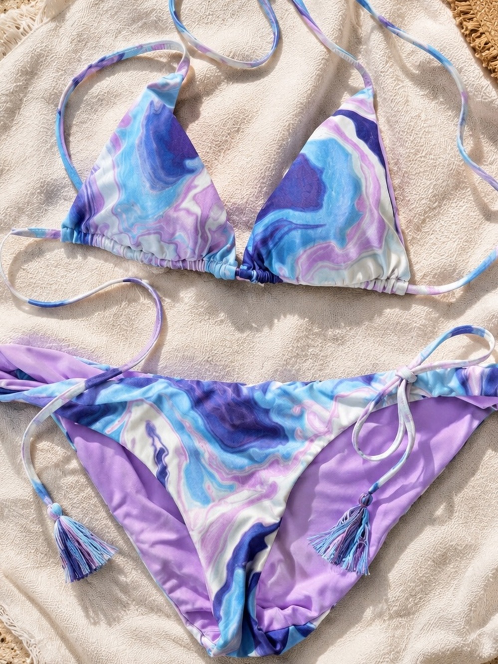 Marble Print Triangle String Bikini Top and Bottom - Pastel Purple Blue - Small